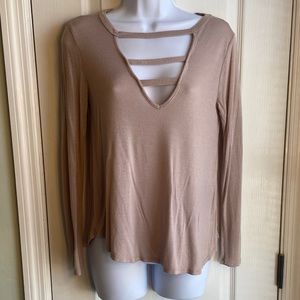 V neck sexy cut out tan long sleeve shirt, S/M, good condition, thin material